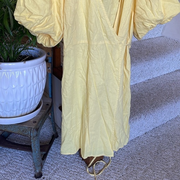 Old Navy Linen Waist Define Puff Sleeve Wrap Dress Morning Sun - Picture 6 of 15
